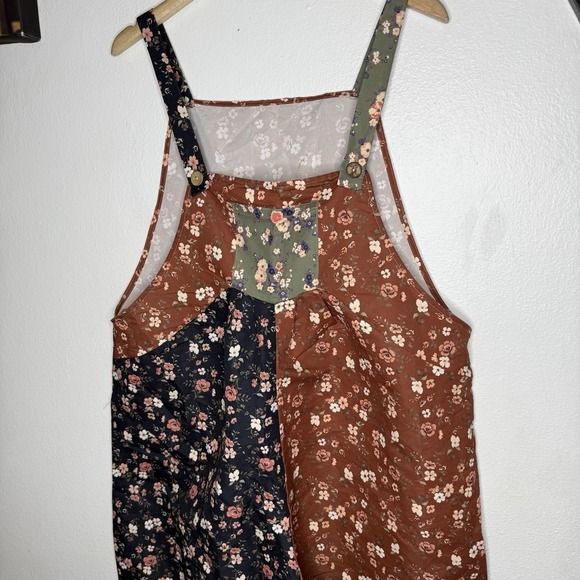 Cottagecore Floral Boho Garden Farm Lightweight Overalls Brown Blue Womens XL - Picture 2 of 14